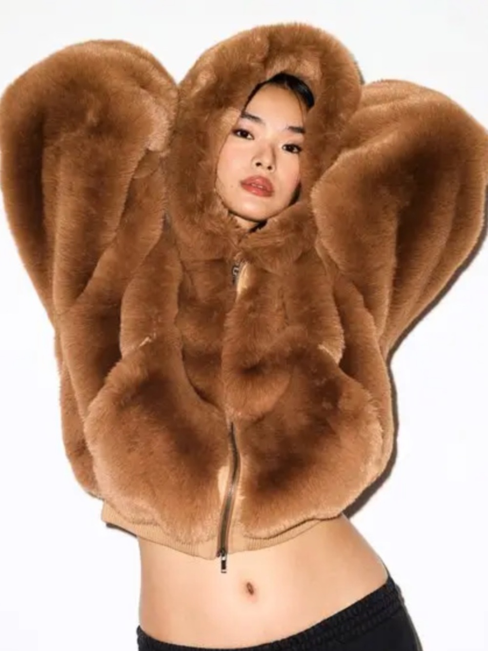 Skims Faux Fur Zip Up Jacket- Camel